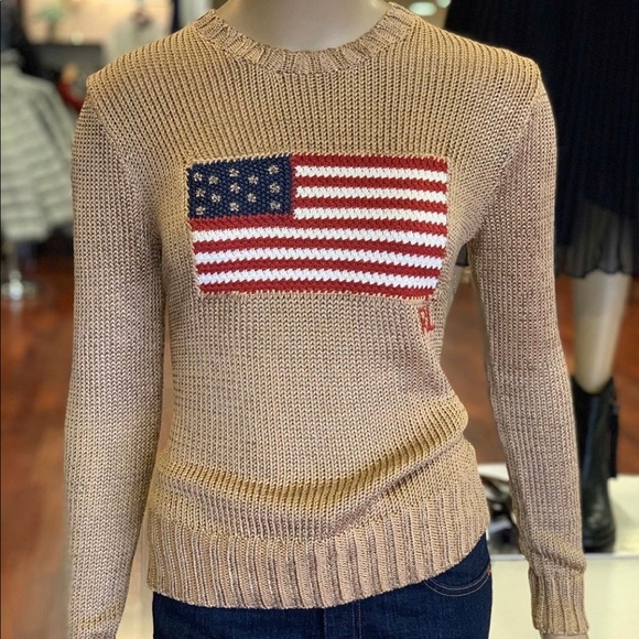 Polo Ralph Lauren Sweaters - Polo by Ralph Lauren Tan Sweater with American Flag Patch